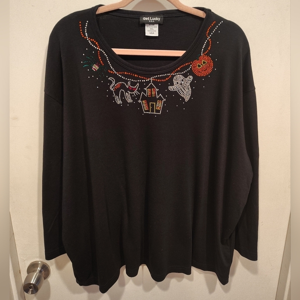 Get Lucky Women's Black Halloween Theme Rhinestone Embellished Casual Shirt 3XL